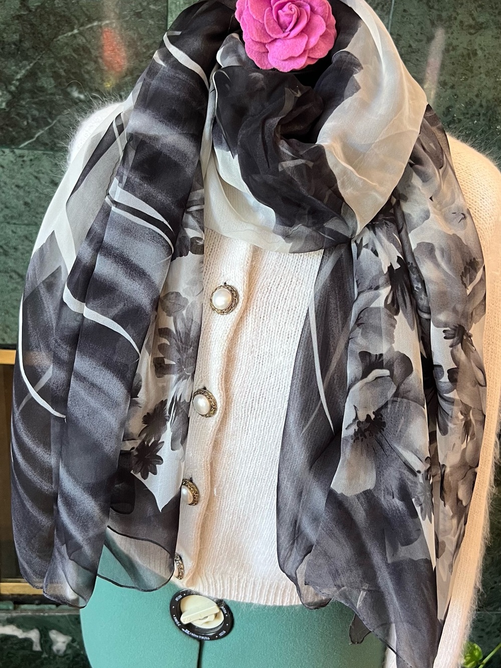 Vintage Pierre Balmain Silk Scarf Black White Floral Abstract Oblong Luxury Silk